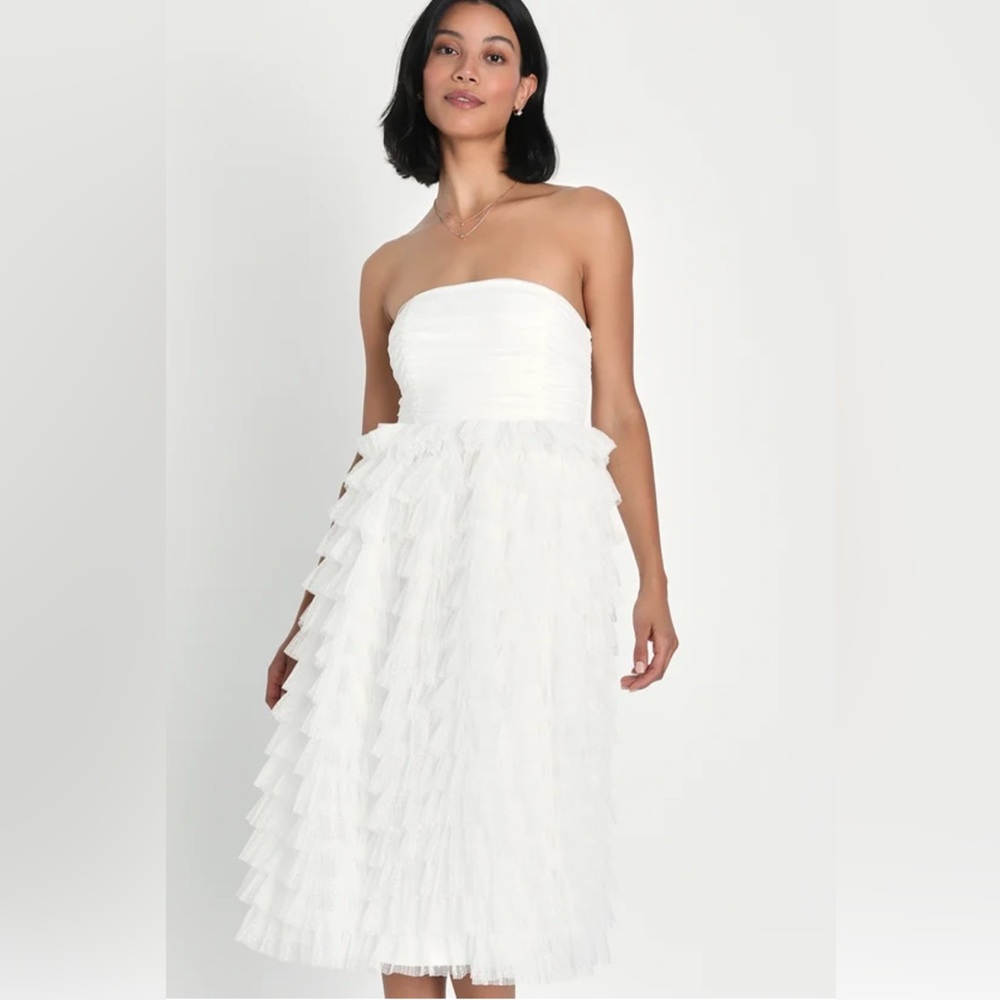 NWT Lulu's Prepare to Party White Mesh Swiss Dot Ruched Tiered Mini Dress, Small